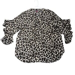 Vince Camuto Blouse Women Large Brown Leopard Print Ruffle Sleeve Split Neck Top